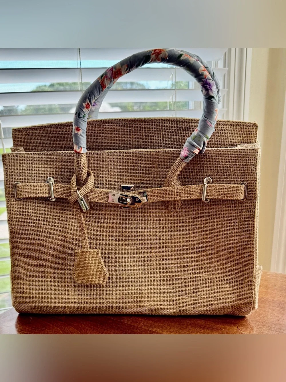 Birkin Style 35 Double Handle Satchel Tote - Natural Jute/Burlap - Picture 7 of 7